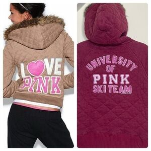 Victoria Secret Vintage PINK Ski Team Faux Fur Trim Hooded Bomber Jacket